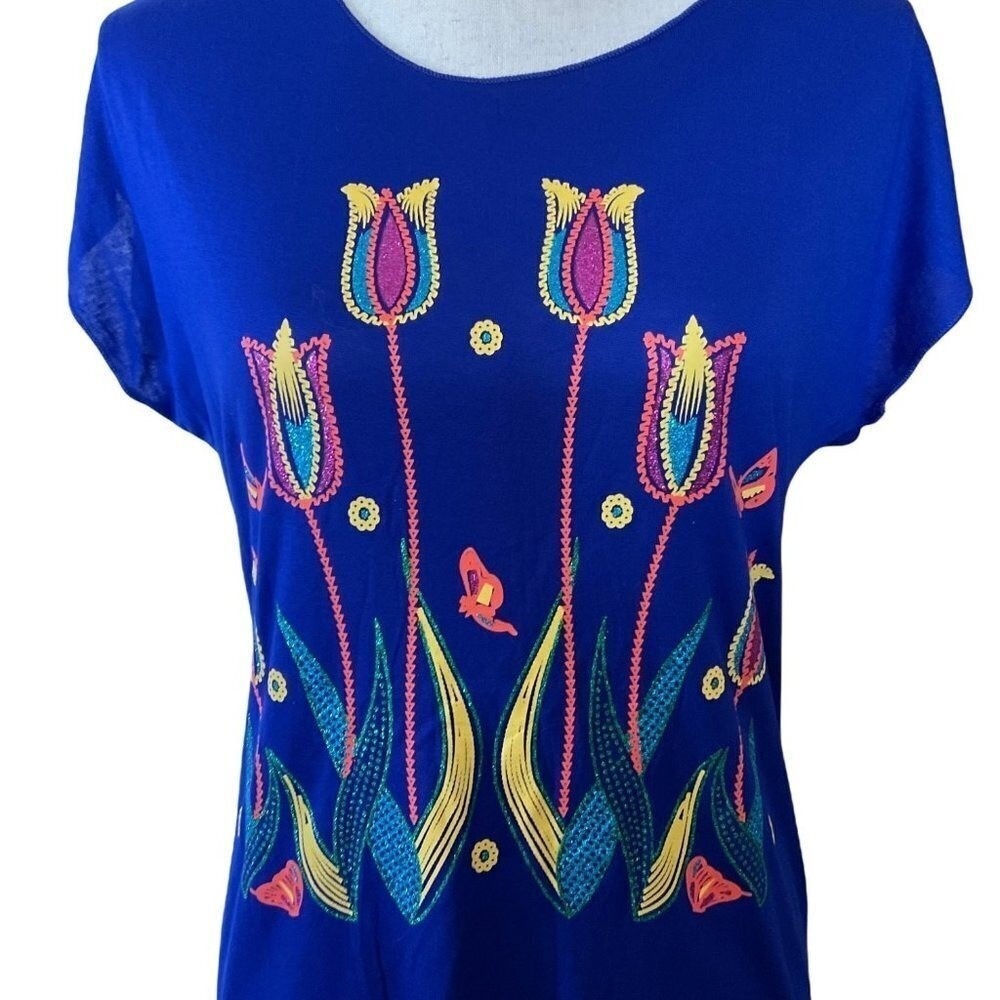 Vintage Custo Barcelona blue floral applique set top and bottom women Medium - Picture 3 of 11